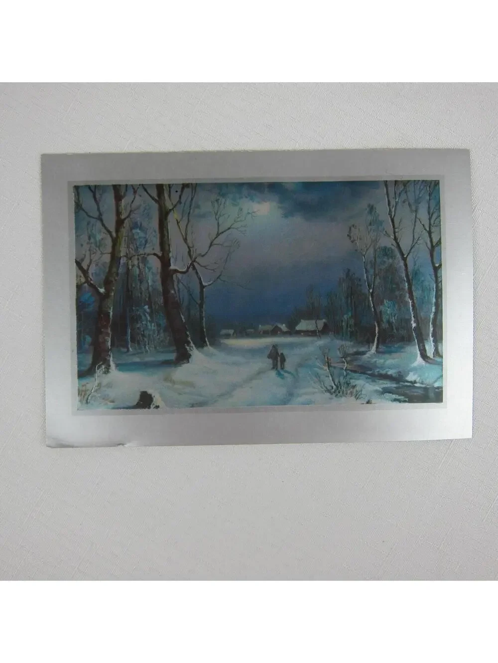 Vintage Christmas Cards Lot 3 Snowy Night Manger House Silver Border USA Litho
